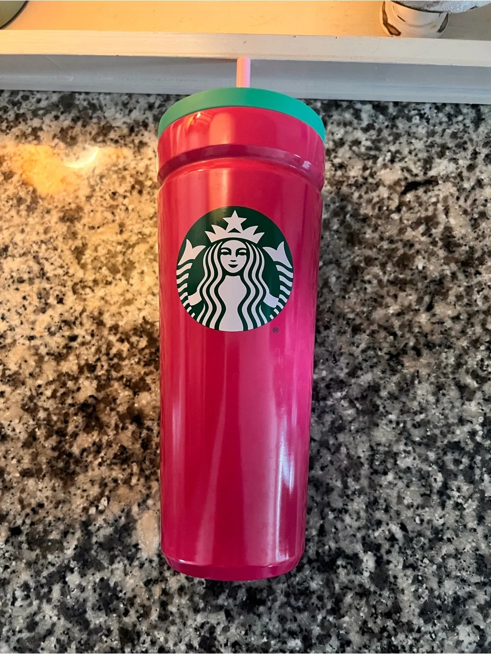 Starbucks Pink Tumbler with Green Lid and Pink Straw